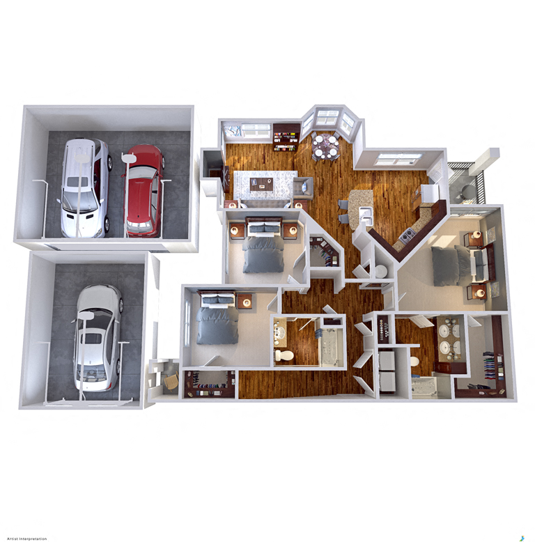 Floor plan for 3 beds, 2 baths, 1371 sqft